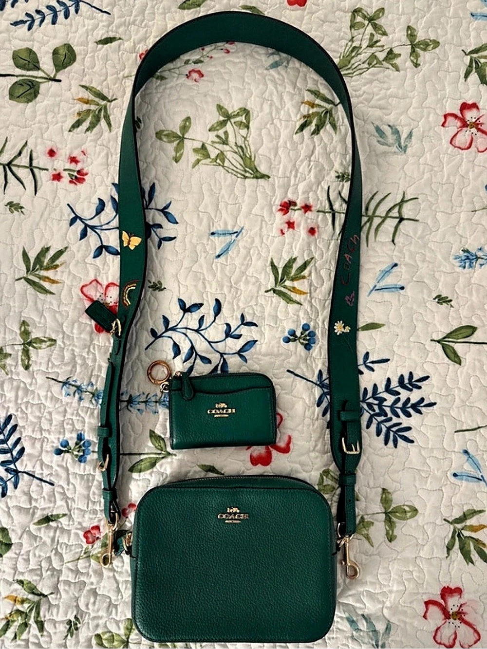 Rare Embroidered Coach Mini Jamie Camera Bag Green Crossbody Bag Set